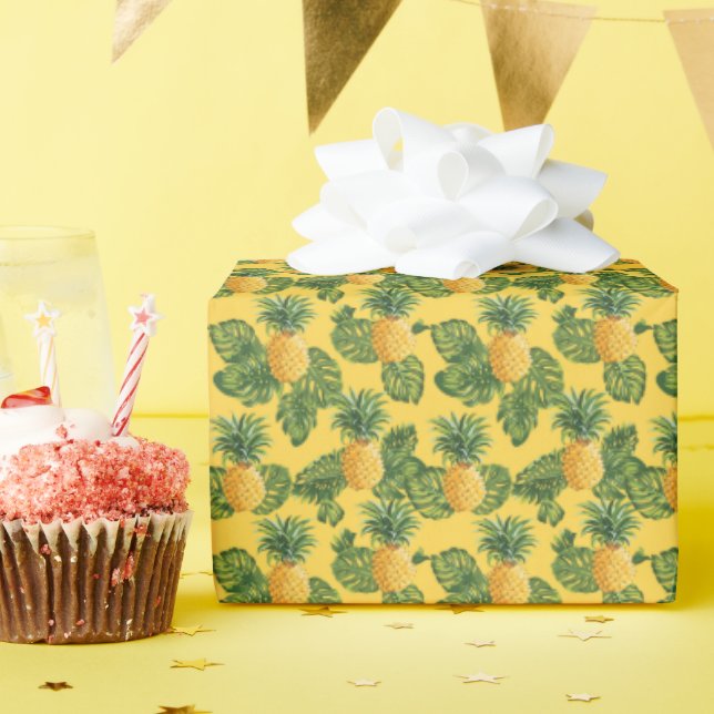 Pineapples & Tropical Leaves On Gold Wrapping Paper (Birthday Party)