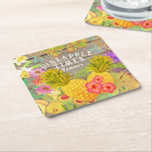 Pineapples with Floral Square Paper Coaster
