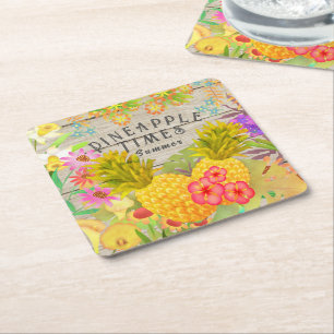 Pineapples with Floral Square Paper Coaster