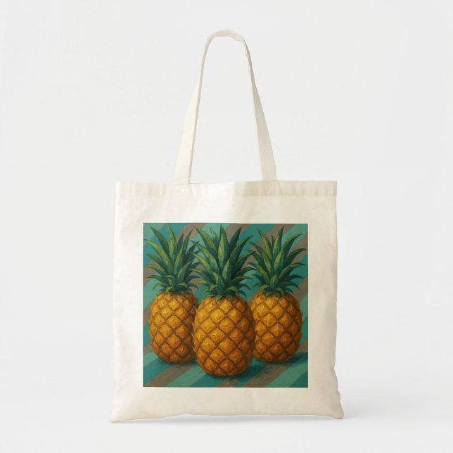 Pineapples with Turquoise and Warm Grey Stripes Tote Bag (Front)