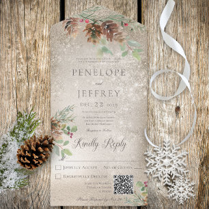 Pinecone & Berries Modern Gold QR Code All In One Invitation