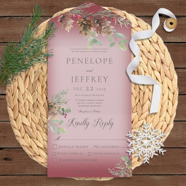 Pinecone & Berries Modern Wine Red Dinner All In One Invitation (Creator Uploaded)