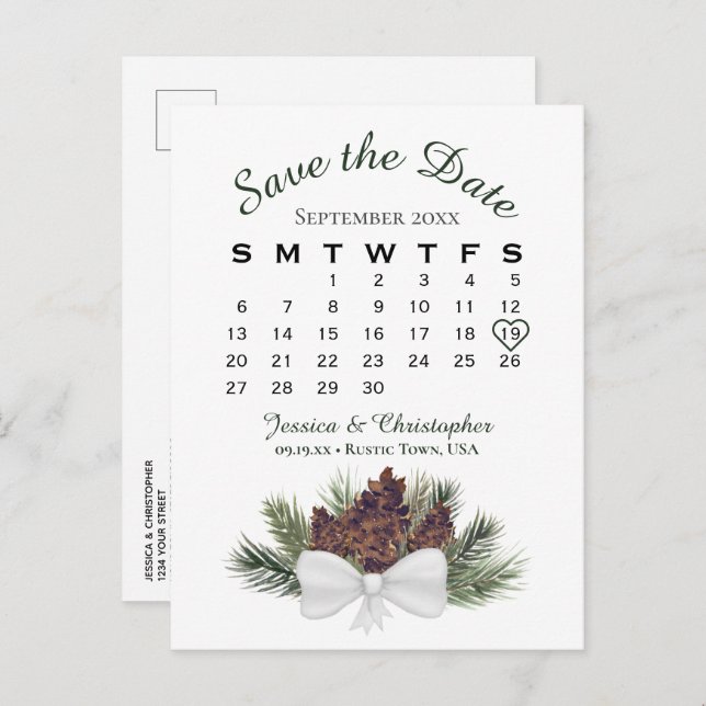 Pinecone Bouquet Wedding Calendar Save the Date Announcement Postcard (Front/Back)