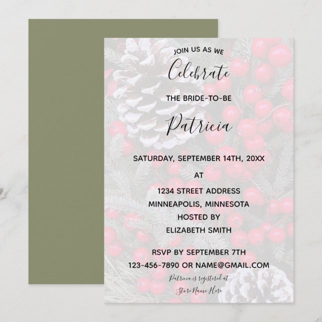 Pinecone Evergreen Red Berries Bridal Shower  Invitation (Front/Back)