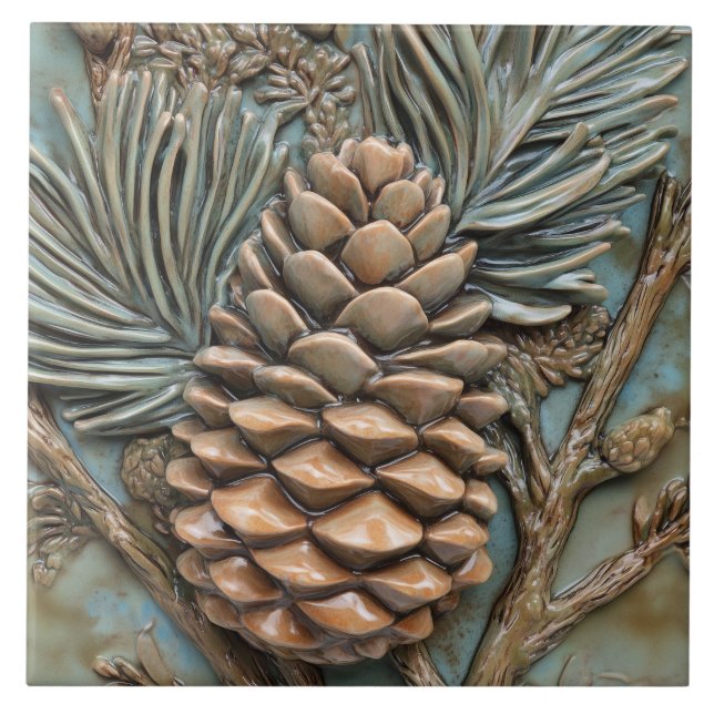 Pinecone & Foliage Faux Relief Tile (Front)