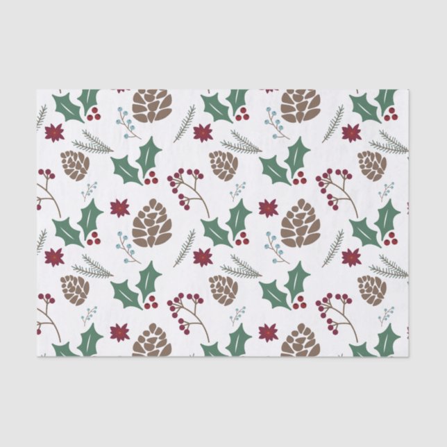 Pinecone, Holly & Berries Red, Green White  Tissue Paper (Front)