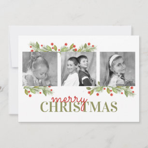 Pinecone Holly Christmas Photo Card Multi Photo