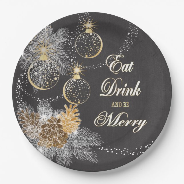 Pinecone Ornaments Chalkboard Christmas Paper Plate (Front)