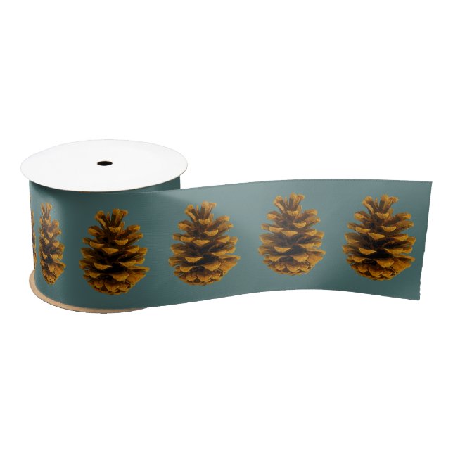 Pinecone rustic nature teal brown satin ribbon (Spool)