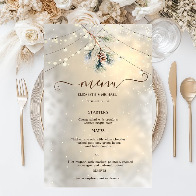 Pinecone String Lights Winter  Wedding Menu Card (Creator Uploaded)
