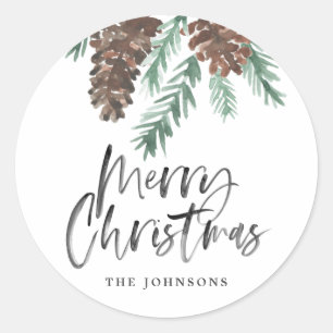 Pinecone Watercolor Merry Christmas Classic Round Sticker