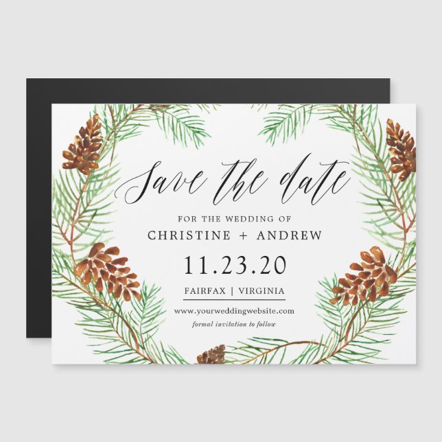 Pinecone Winter Rustic Save The Dates Magnet (Front/Back)