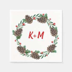 Pinecone Wreath Berry Christmas Wedding Monogram Napkin