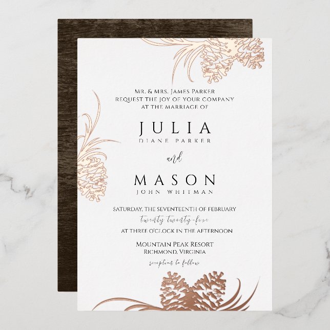 Pinecones and Barn Wood Foil Invitation (Front/Back)