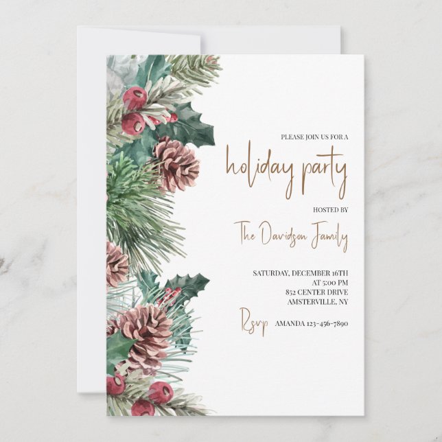 Pinecones and Berries Holiday Invitation (Front)