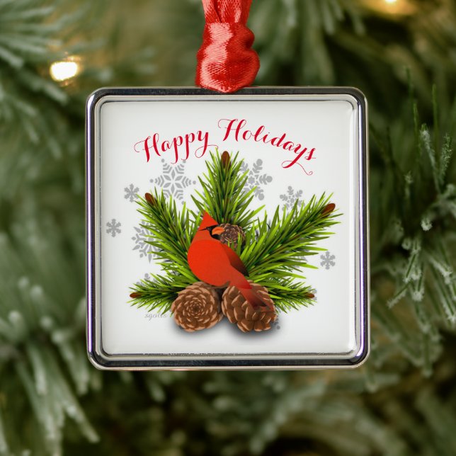Pinecones and Cardinal Bird Christmas Ornament (Tree)