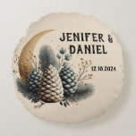 Pinecones and Crescent Moon Winter Love Round Pillow<br><div class="desc">Inspired by the peaceful beauty of a winter night, this enchanting Pinecones and Crescent Moon design combines the warmth of nature with the magic of love. Featuring elegant pinecones, frosted branches, and a glowing crescent moon, it captures the essence of a cozy, romantic winter atmosphere. Perfect for couples and newlyweds,...</div>