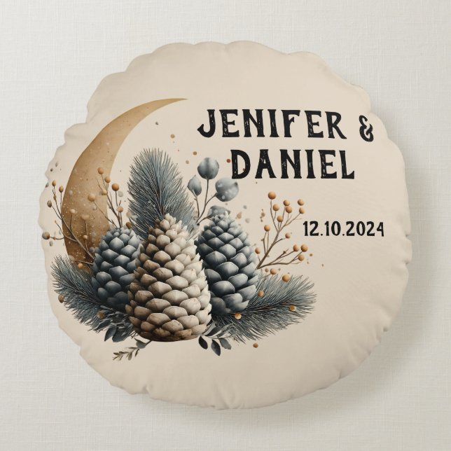 Pinecones and Crescent Moon Winter Love Round Pillow (Front)