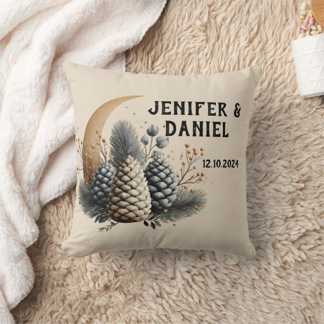Pinecones and Crescent Moon Winter Love Throw Pillow (Blanket)
