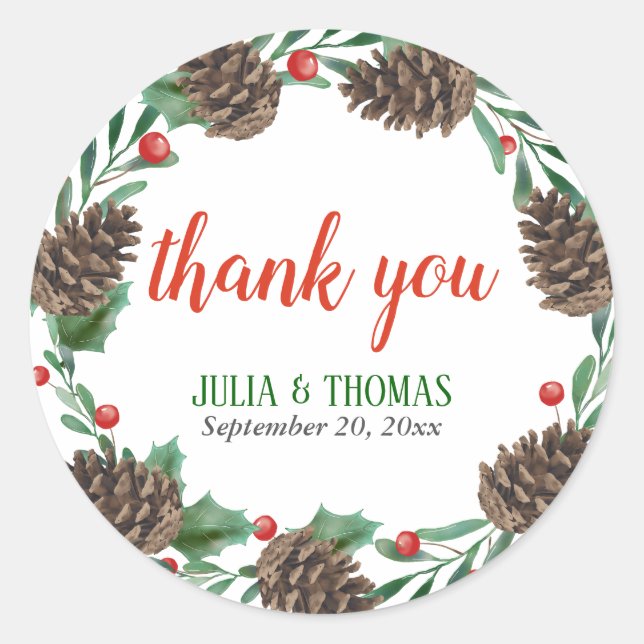 Pinecones Berry Christmas | Wedding Thank You Classic Round Sticker (Front)