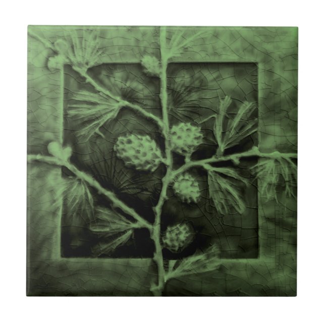 Pinecones Branches Green Faux Relief Antique Repro Tile (Front)