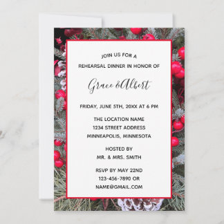 Pinecones Evergreens Red Berries Rehearsal Dinner Invitation