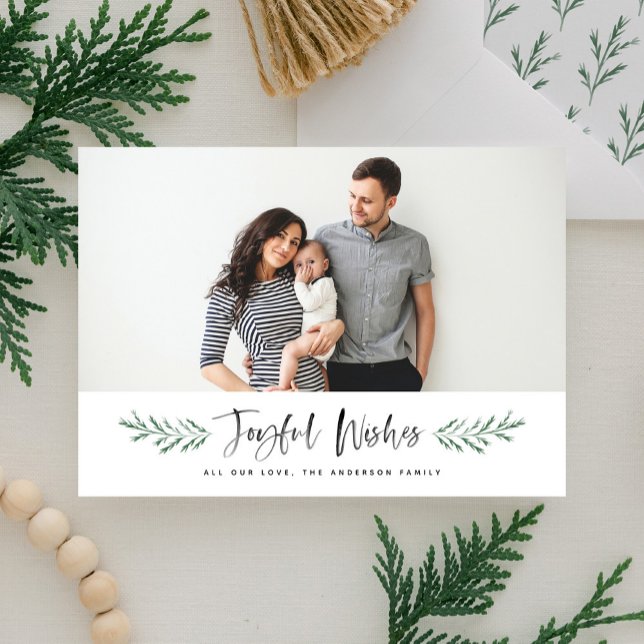 Pineneedle Joyful Wishes Modern Photo Holiday Card (Creator Uploaded)
