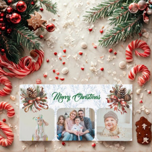 Pineneedle Merry Christmas Modern 3 Photo Collage  Holiday Card