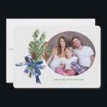Pines Berries and Bow Holiday Photo Card<br><div class="desc">A nonsectarian holiday photo card featuring your favourite photo and a bouquet of pine, berries and pinecone tied with a blue bow. (Photo by gpointstudio on Freepik). (Image by pikisuperstar on Freepik). The card is easy to customize with your wording, font and font colour. Not exactly what you're looking for?...</div>