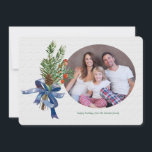 Pines Berries and Bow Holiday Photo Card<br><div class="desc">A nonsectarian holiday photo card featuring your favourite photo and a bouquet of pine, berries and pinecone tied with a blue bow. (Photo by gpointstudio on Freepik). (Image by pikisuperstar on Freepik). The card is easy to customize with your wording, font and font colour. Not exactly what you're looking for?...</div>
