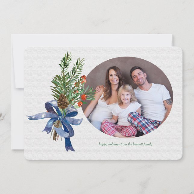 Pines Berries and Bow Holiday Photo Card (Front)