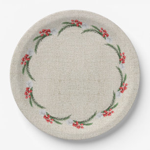 Pines Berries and Flowers Christmas Holiday Paper Plate