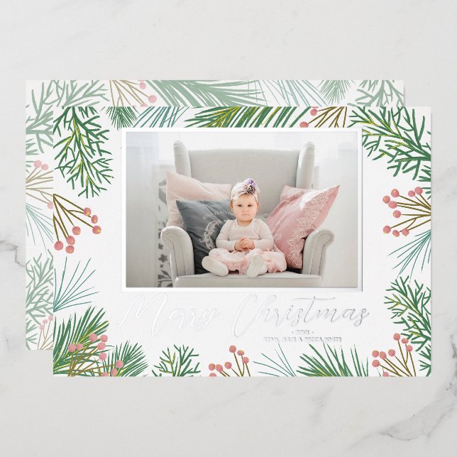 Pines Berries Navy Blue Christmas Photo Foil Holiday Card (Front/Back)