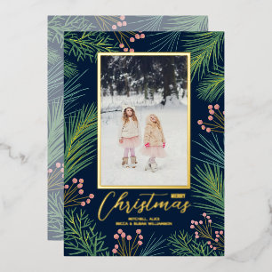 Pines Berries Navy Blue Christmas Photo Foil Holiday Card