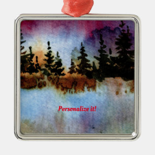 Pines on a cliff with a colorful sky and fog metal ornament