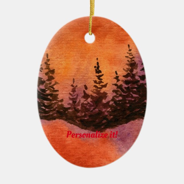 Pines on a hill with soft red sunset ceramic ornament (Front)