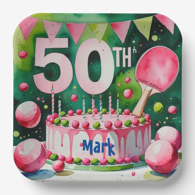  Ping pong 50th Birthday with cake Paper Plate (Front)