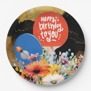 Ping pong  Birthday with paddle and flower Paper Plate