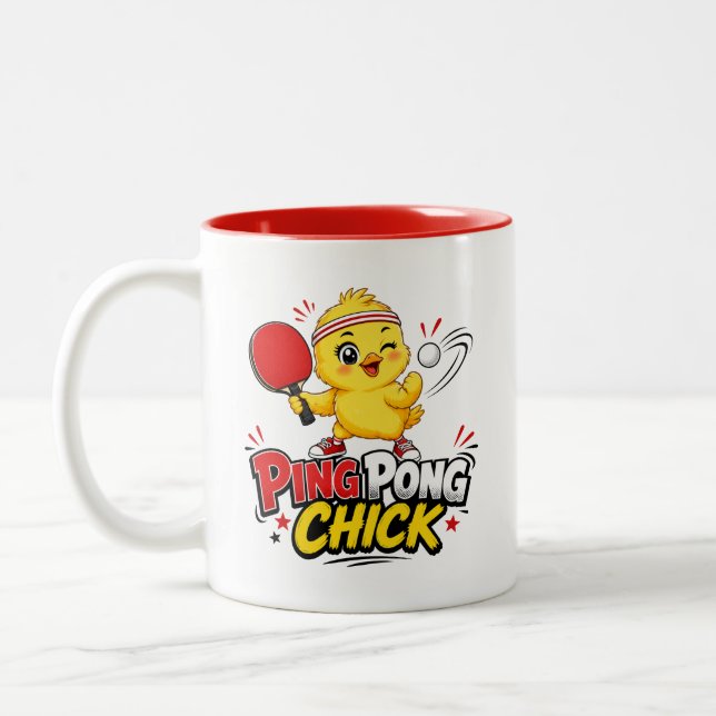 Ping Pong Chick Cute Table Tennis Design Two-Tone Coffee Mug (Left)