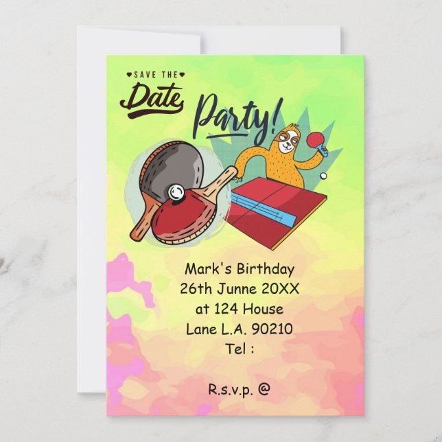 Ping Pong  Table Tennis  sloth party  funny  Invitation (Front)