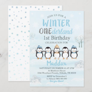 Pingouin 1er anniversaire Invitation hiver Onederl