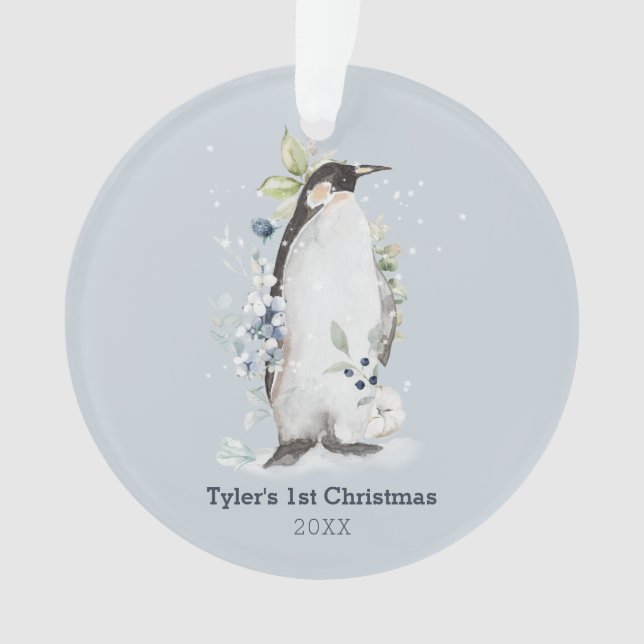 Pingouin 1er Noël Bleu Ornement personnalisé (devant)