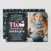 Pingouin 2e anniversaire Invitation avec photo