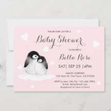 Pingouin Coeur Rose Bébé Douche Invitations