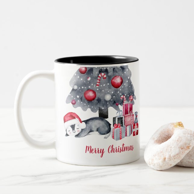 Pingouin d'aquarelle mignonne deux tonalités Mug d (Avec donut)