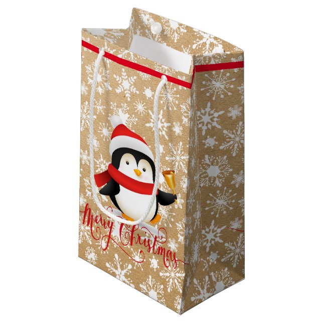 Pingouin de Noël avec cloche sur sac en papier loo (Devant Angle)
