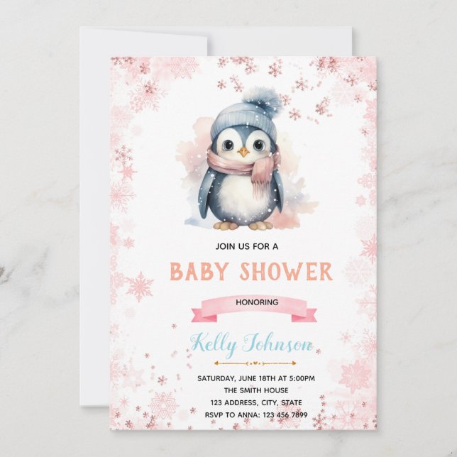 Pingouin d'hiver fille douche invitation anniversa (Devant)