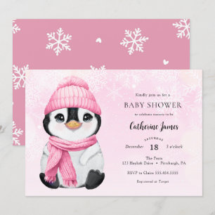Pingouin d'hiver rose invitation Baby shower