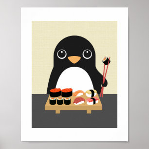 Pingouin Manger Sushi Poster Imprimer