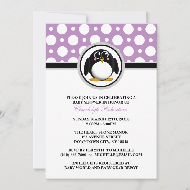Pingouin Purple Polka Dot Baby Shower Invitations (Devant)